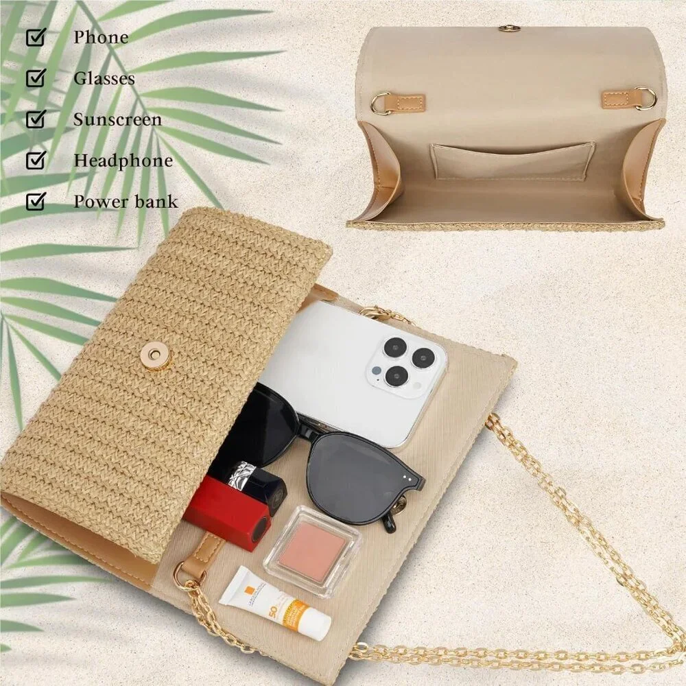 Straw Clutch Purse Shoulder Bag Envelope Style Summer Beach Travel Accessory